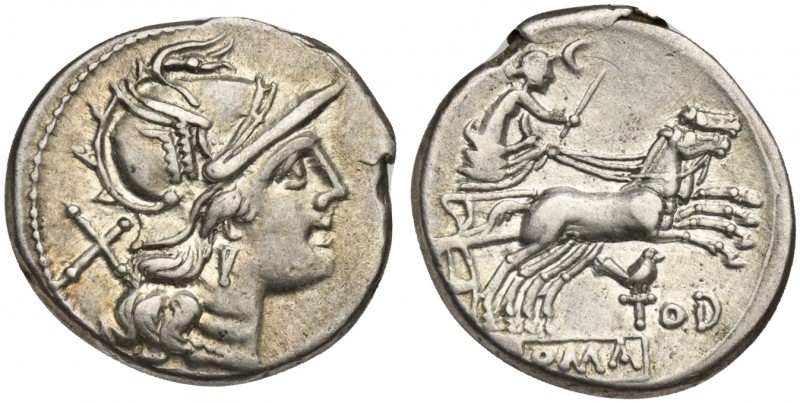 Bird and TOD series, Denarius, Rome, 189-180 BC. AR (g 3,17; mm 19; h 11). Helme...