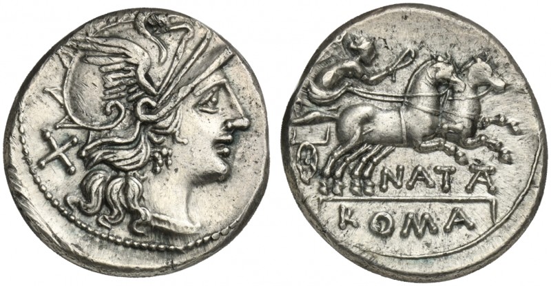 Pinarius Natta, Denarius, Rome, 155 BC. AR (g 3,68; mm 19; h 11). Helmeted head ...