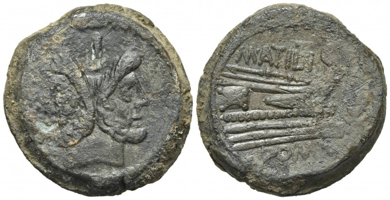 M. Atilius Saranus, As, Rome, 148 BC. AE (g 26,60; mm 32; h 12). Laureate head o...