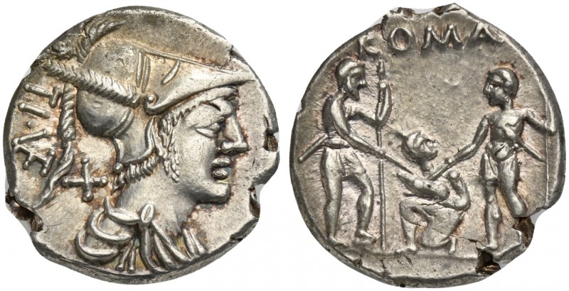 Ti. Veturius, Denarius, Rome, 137 BC. AR (g 3,88; mm 20; h 5). Helmeted and drap...