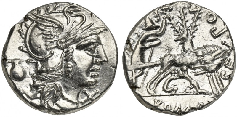 Sex. Pompeius Fostlus, Denarius, Rome, 137 BC. AR (g 3,89; mm 19; h 8). Helmeted...