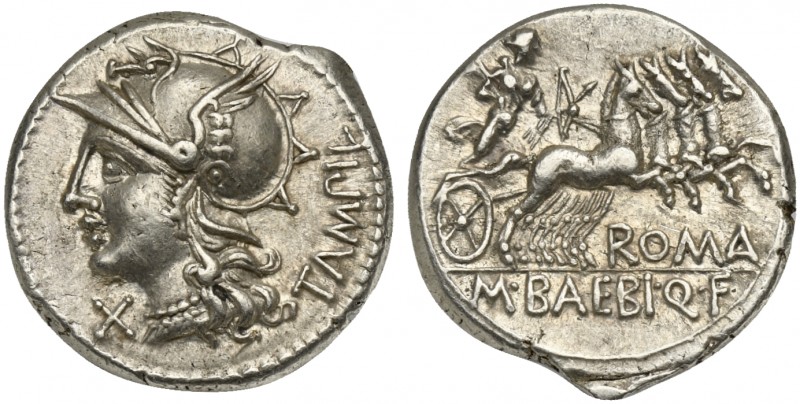 M. Baebius Q.f. Tampilus, Denarius, Rome, 137 BC. AR (g 3,97; mm 20; h 5). Helme...