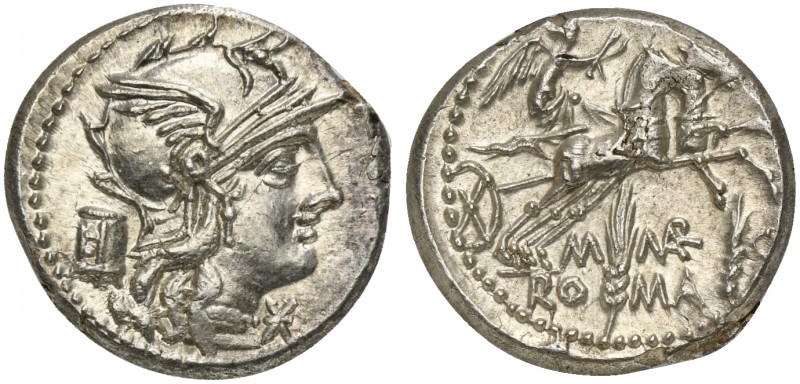 M. Marcius Mn.f., Denarius, Rome, 134 BC. AR (g 3,89; mm 19; h 5). Helmeted head...