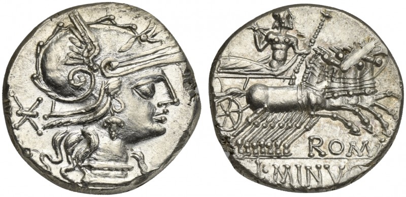 L. Minucius, Denarius, Rome, 133 BC. AR (g 3,98; mm 18; h 2). Helmeted head of R...