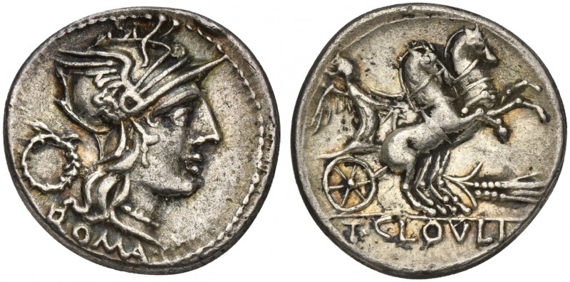 T. Cloelius, Denarius, Rome, 128 BC. AR (g 3,77; mm 20; h 8). Helmeted head of R...