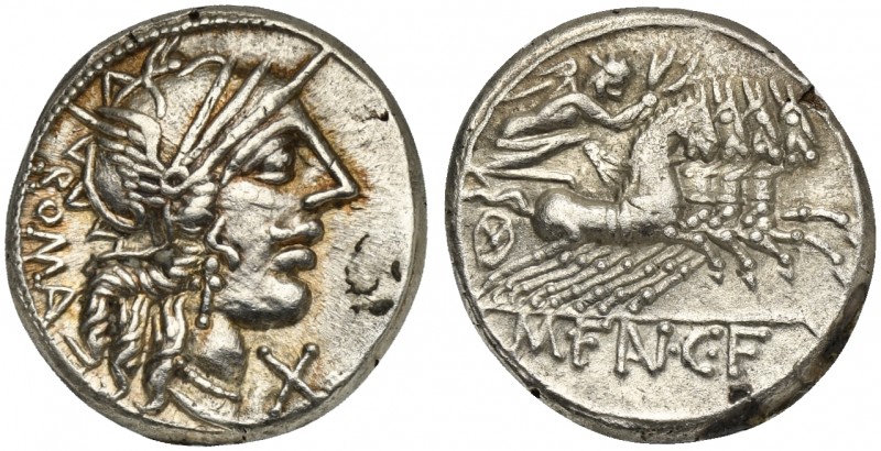 M. Fannius C.f., Denarius, Rome, 123 BC. AR (g 3,91; mm 18; h 12). Helmeted head...