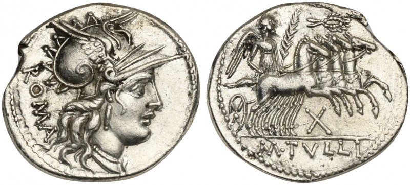 M. Tullius, Denarius, Rome, 119 BC. AR (g 3,85; mm 22; h 1). Helmeted head of Ro...