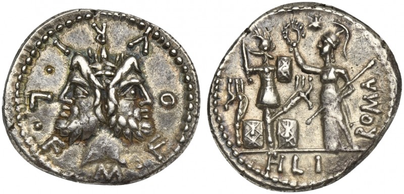 M. Furius L.f. Philus, Denarius, Rome, 120 BC. AR (g 3,88; mm 21; h 2). Laureate...