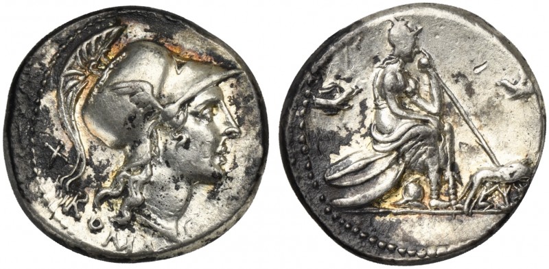 Anonymous, Denarius, Rome, 115-114 BC. AR (g 3,83; mm 19; h 7). Helmeted head of...