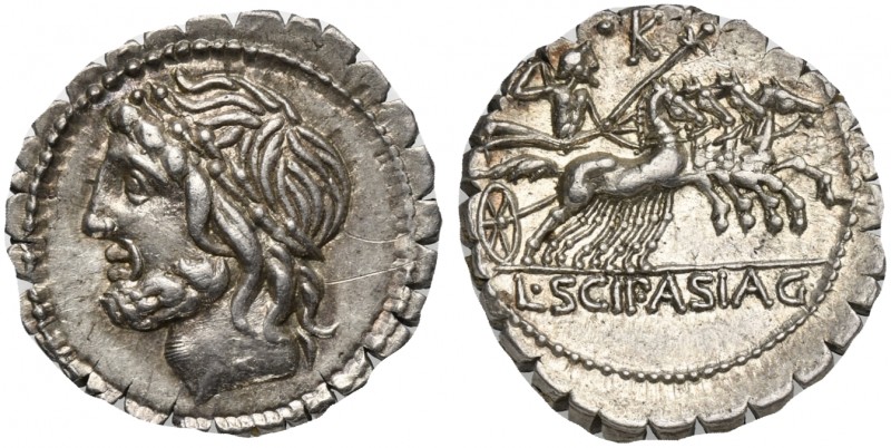 L. Scipio Asiagenus, Serrate Denarius, Rome, 106 BC. AR (g 3,90; mm 19; h 5). La...