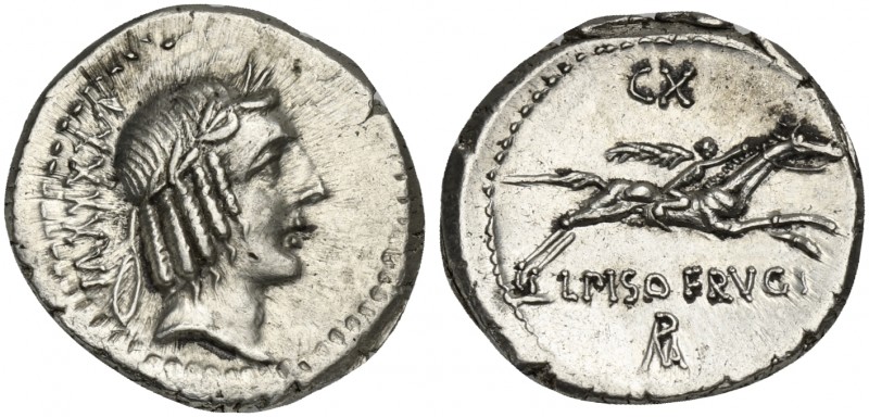 L. Calpurnius Piso Frugi, Denarius, Rome, 90 BC. AR (g 3,84; mm 19; h 11). Laure...