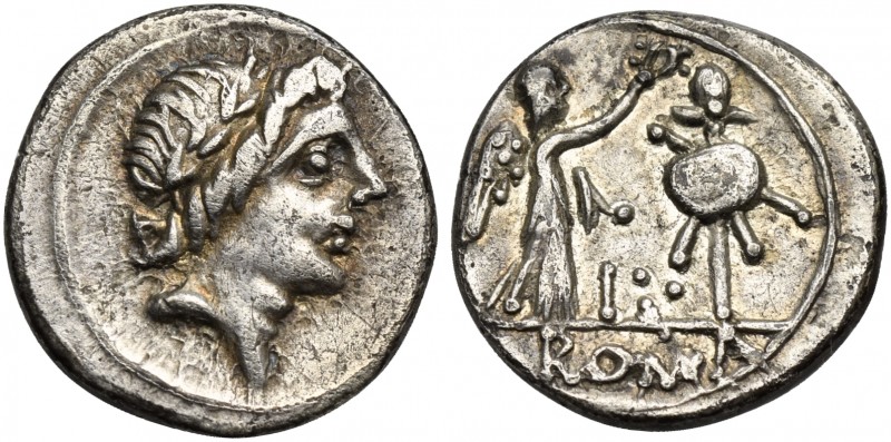 Anonymous, Quinarius, Rome, 81 BC. AR (g 1,83; mm 14; h 5). Laureate head of Apo...