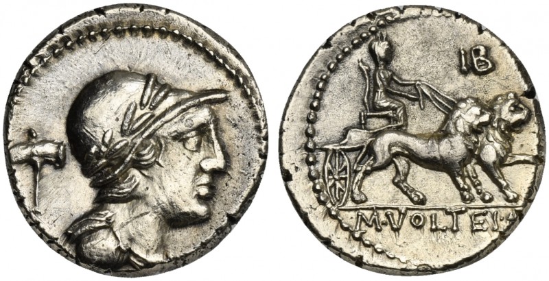 M. Volteius M.f., Denarius, Rome, 75 BC. AR (g 3,79; mm 18; h 6). Laureate, helm...