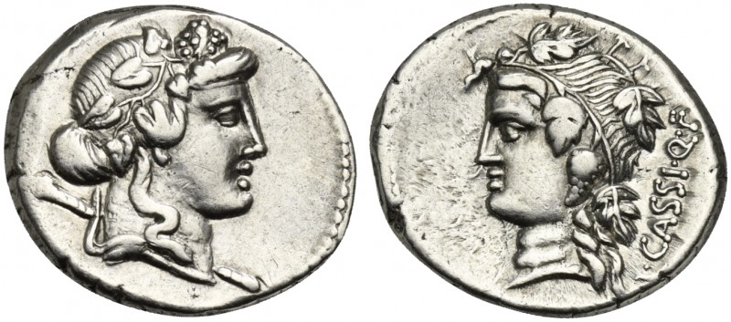 L. Cassius Q.f. Longinus, Denarius, Rome, 75 BC. AR (g 3,76; mm 19; h 6). Head o...