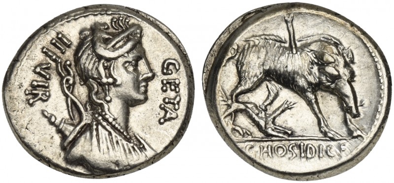 C. Hosidius C.f. Geta, Denarius, Rome, 64 BC. AR (g 3,89; mm 18; h 5). Diademed ...