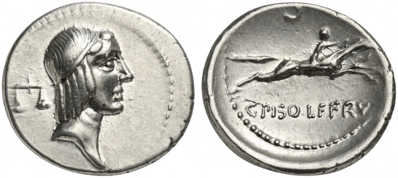 C. Piso L.f. Frugi, Denarius, Rome, 61 BC. AR (g 3,86; mm 19; h 5). Head of Apol...