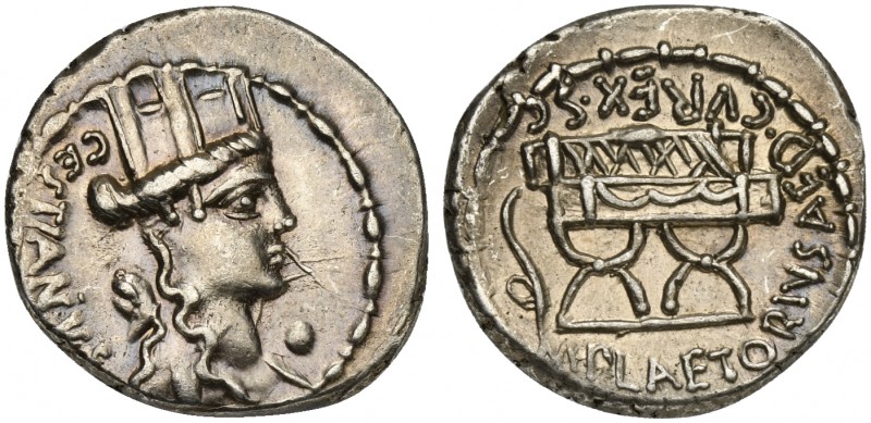 M. Plaetorius M.f. Cestianus, Denarius, Rome, 57 BC. AR (g 3,92; mm 20; h 6). Tu...