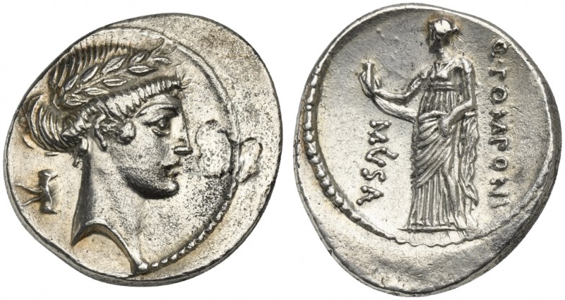 Q. Pomponius Musa, Denarius, Rome, 56 BC. AR (g 3,95; mm 20; h 5). Laureate head...