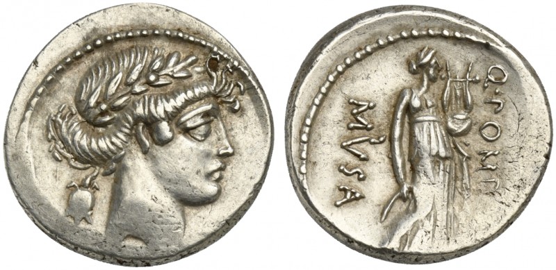 Q. Pomponius Musa, Denarius, Rome, 56 BC. AR (g 4,00; mm 18; h 2). Laureate head...