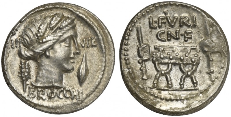 L. Furius Cn.f. Brocchus, Denarius, Rome, 63 BC. AR (g 4,00; mm 19; h 5). Head o...