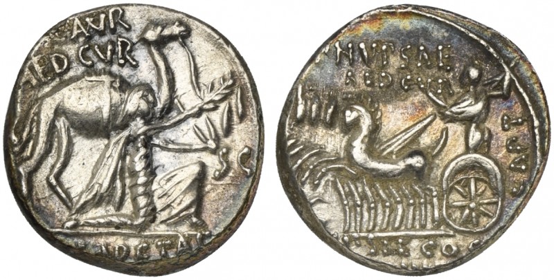 M. Aemilius Scaurus and Pub. Plautius Hypsaeus, Denarius, Rome, 58 BC. AR (g 3,8...