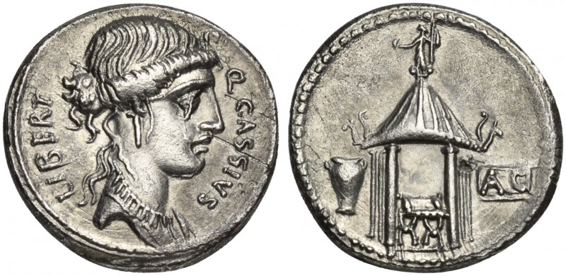 Q. Cassius Longinus, Denarius, Rome, 55 BC. AR (g 3,68; mm 19; h 3). Head of Lib...