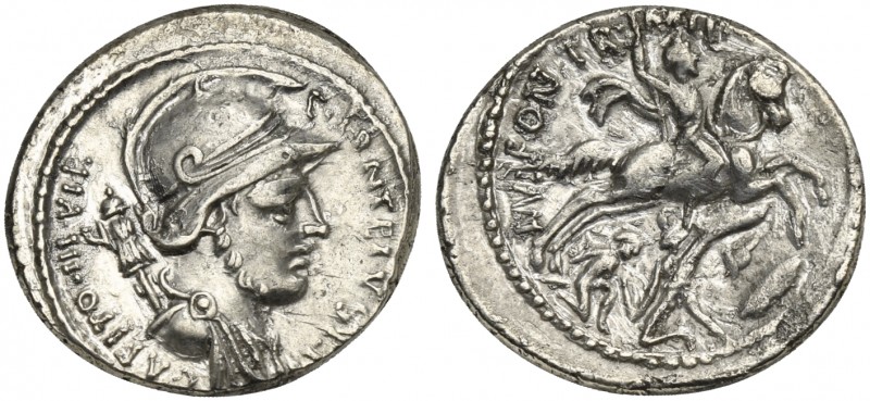 P. Fonteius P.f. Capito, Denarius, Rome, 55 BC. AR (g 3,96; mm 20; h 7). Helmete...