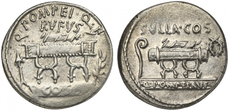 Q. Pompeius Rufus, Denarius, Rome, 54 BC. AR (g 3,77; mm 18; h 7). Curule chair ...