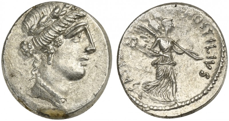 L. Hostilius Saserna, Denarius, Rome, 48 BC. AR (g 3,94; mm 18; h 6). Diademed f...