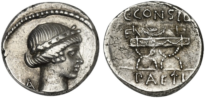 C. Considius Paetus, Denarius, Rome, 46 BC. AR (g 3,81; mm 17; h 12). Laureate h...