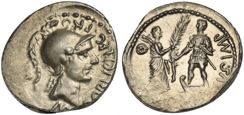 Cn. Pompeius Magnus and M. Poblicius, Denarius, Spain, 46-45 BC. AR (g 3,92; mm ...