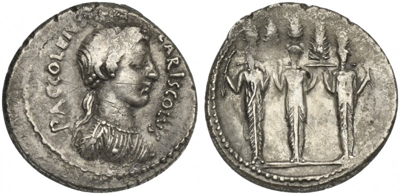 P. Accoleius Lariscolus, Denarius, Rome, 41 BC. AR (g 3,69; mm 19; h 12). Draped...