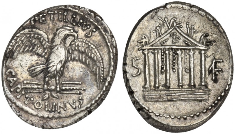 Petillius Capitolinus, Denarius, Rome, 41 BC. AR (g 3,87; mm 19; h 11). Eagle st...