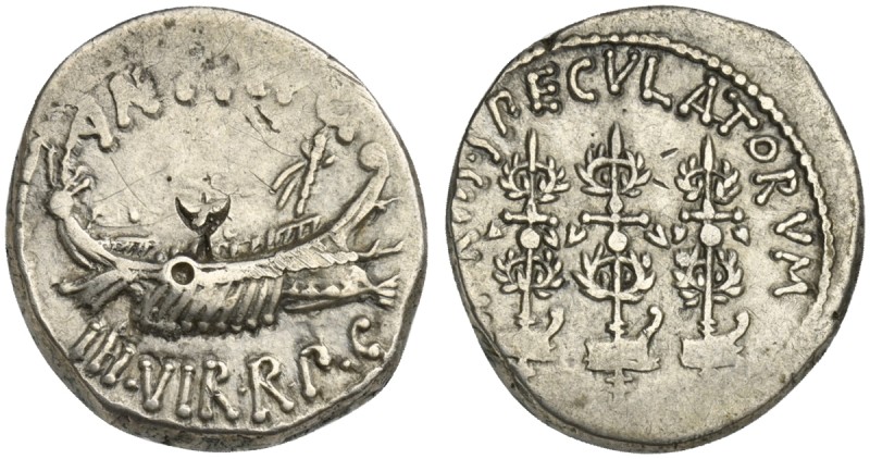 Mark Antony, Denarius, Patrae(?), Autumn 32-spring 31 BC. AR (g 3,85; mm 18; h 6...