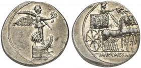 Octavian, Denarius, Italian (Rome?) mint, Autumn 30 BC. AR (g 3,82; mm 19; h 12). Victory standing r. on prow of galley, holding wreath and palm frond...