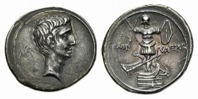 Octavian, Italian (Rome?) mint, Denarius, Autumn 30-summer 29 BC. AR (g 3,78; mm 20; h 7). Bare head r.; Rv. Naval and military trophy facing, compose...