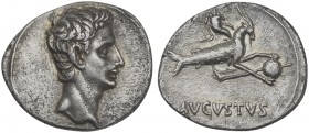 Augustus (27 BC - AD 14), Denarius, Spain: Colonia Patricia (?), 18-16 BC. Bare head r., Rv. AVGVSTVS, capricorn r., holding globe attached to rudder ...