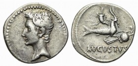 Augustus (27 BC-AD 14), Denarius, Spanish mint (Colonia Patricia?), 17-16 BC. AR (g 3,72; mm 20; h 6). Bare head l.; Rv. AVGVSTVS, Capricorn r., holdi...