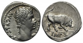 Augustus (27 BC-AD 14), Denarius, Lugdunum, 15 BC. AR (g 3,64; mm 18; h 6). AVGVSTVS DIVI F, Bare head r.; Rv. Bull butting r.; IMP•X in exergue. RIC ...