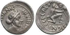 Augustus (27 BC-AD 14), Denarius, Rome, P. Petronius Turpilianus, moneyer, 18 BC. AR (g 3,90; mm 18; h 11). [TVRPI]LIANVS IIIVIR F[…], Diademed and dr...