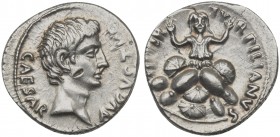 Augustus (27 BC-AD 14), Denarius, Rome; P. Petronius Turpilianus, moneyer, 19/8 BC. AR (g 3,86; mm 19; h 7). CAESAR AVGVSTVS, Bare head r., Rv. TVRPIL...