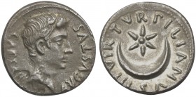 Augustus (27 BC-AD 14), Denarius, Rome; P. Petronius Turpilianus, moneyer, 19/8 BC. AR (g 3,57; mm 19; h 3). CAESAR AVGVSTVS, Bare head r., Rv. TVRPIL...