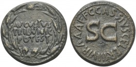 Augustus (27 BC-AD 14), Dupondius, Rome, C. Cassius Celer, moneyer, 16 BC. AE (g 12,85; mm 27; h 9). AVGVSTVS/ TRIBVNIC/ POTEST in three lines within ...