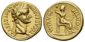 Tiberius (14-37), Aureus, Lugdunum, 36-7. AV (g 7.67; mm 19; h 1). TI CAESAR DIVI AVG F AVGVSTVS, Laureate head r., Rv. PONTIF MΛXIM, Livia (as Pax) s...