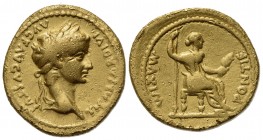 Tiberius (14-37), Aureus, Lugdunum, 36-7. AV (g 7,49; mm 18,5; h 3). TI CAESAR DIVI AVG F AVGVSTVS, Laureate head r., Rv. PONTIF MΛXIM, Livia (as Pax)...
