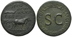 Livia (Tiberius, 14-37), Sestertius, Rome, 22-3. AE (g 26,21; mm 35; h 9). SPQR IVLIAE AVGVST, Ornamented carpentum drawn r. by two mules; Rv. TI CAES...