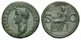 Gaius (Caligula, 37-41), As, Rome, AD 37-8. AE (g 10,14; mm 29; h 6). C CAESAR AVG GERMANICVS PON M TR POT, Bare head l.; Rv. VESTA, Vesta seated l. o...