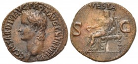 Gaius (Caligula, 37-41), As, Rome, 40-1. AE (8.81 g, mm 29, h 6). C CAESAR DIVI AVG PRON AVG P M TR P IIII P P, Bare head l.; Rv. VESTA, Vesta seated ...