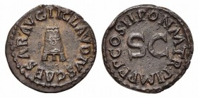 Claudius (41-54), Quadrans, Rome, AD 41. AE (g 2,81; mm 18; h 1). TI CLAVDIVS CAESAR AVG, Three-legged modius; Rv. TR P IMP P P COS II PON M, Legend a...