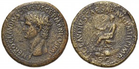 Claudius (41-54), Sestertius, Rome, 42-3. AE (g 28,02; mm 34,5; h 6). NERO CLAVDIVS DRVSVS GERMANICVS IMP, Bare head l.; Rv. TI CLAVDIVS CAESAR AVG P ...